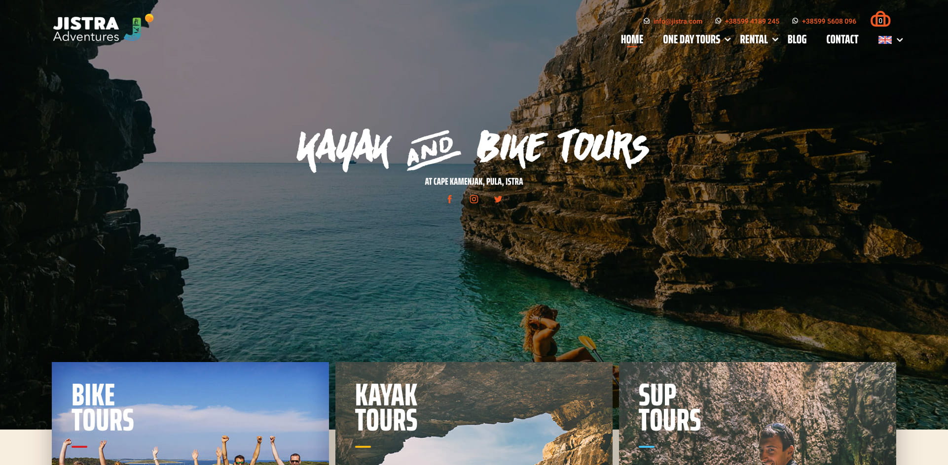 Dizajn i izrada internet stranice za turizam - Jistra Adventures pregled kategorija na naslovnici
